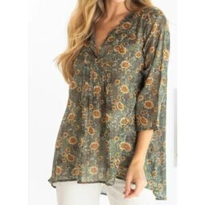 NATURAL LIFE Green Floral Blouse with Orange and Yellow Accents